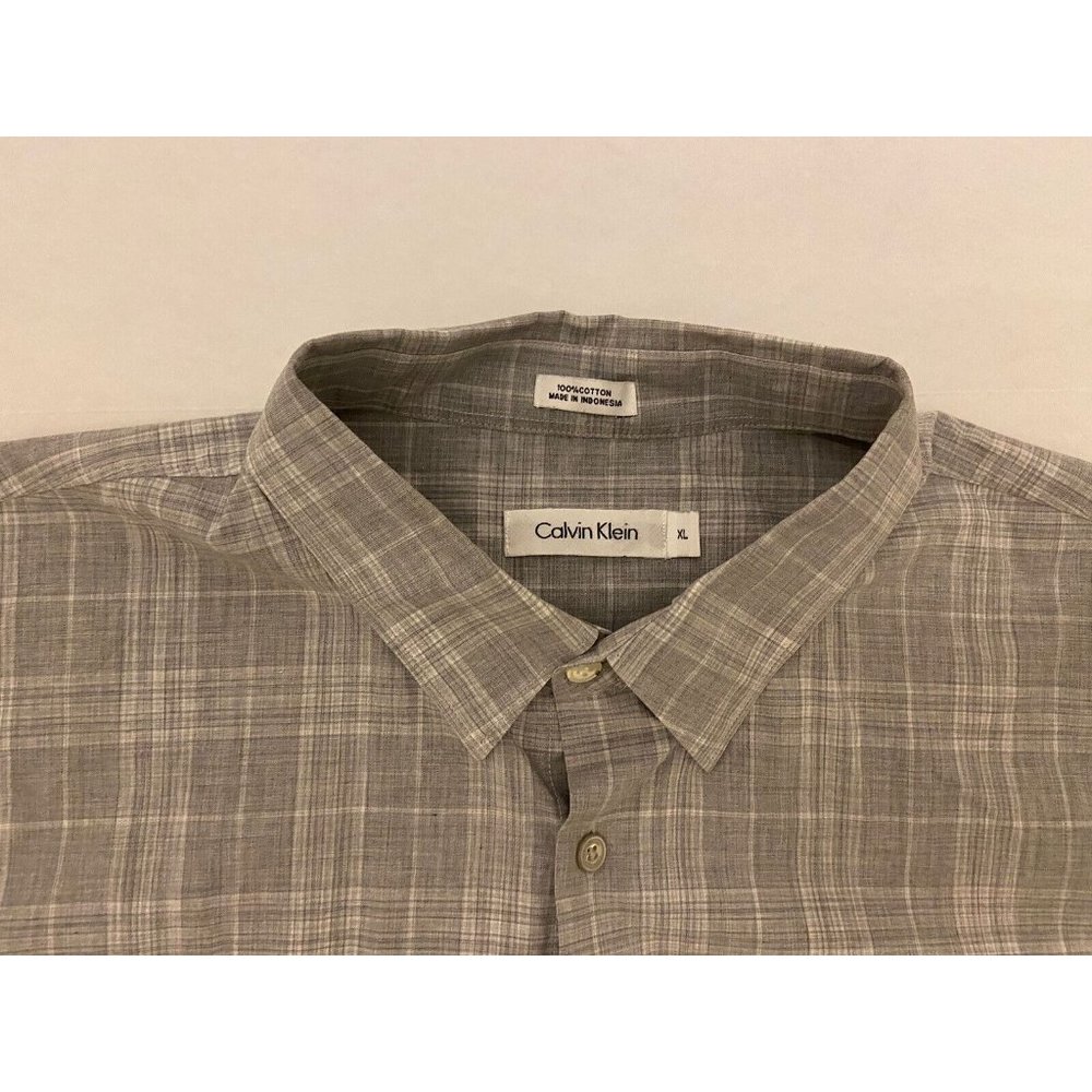 Calvin Klein Mens XL Gray Plaid Regular Stretch Casual Dress Shirt